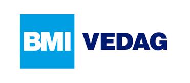 Logo von BMI VEDAG mit blauer und schwarzer Schrift auf weißem Hintergrund.