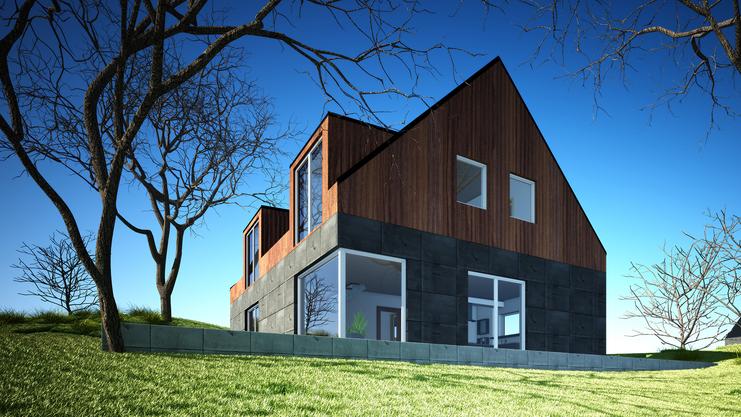 Moderne, zweigeschossige Architektur mit Holz- und Betonelementen, umgeben von kahlen Bäumen und grünem Gras.